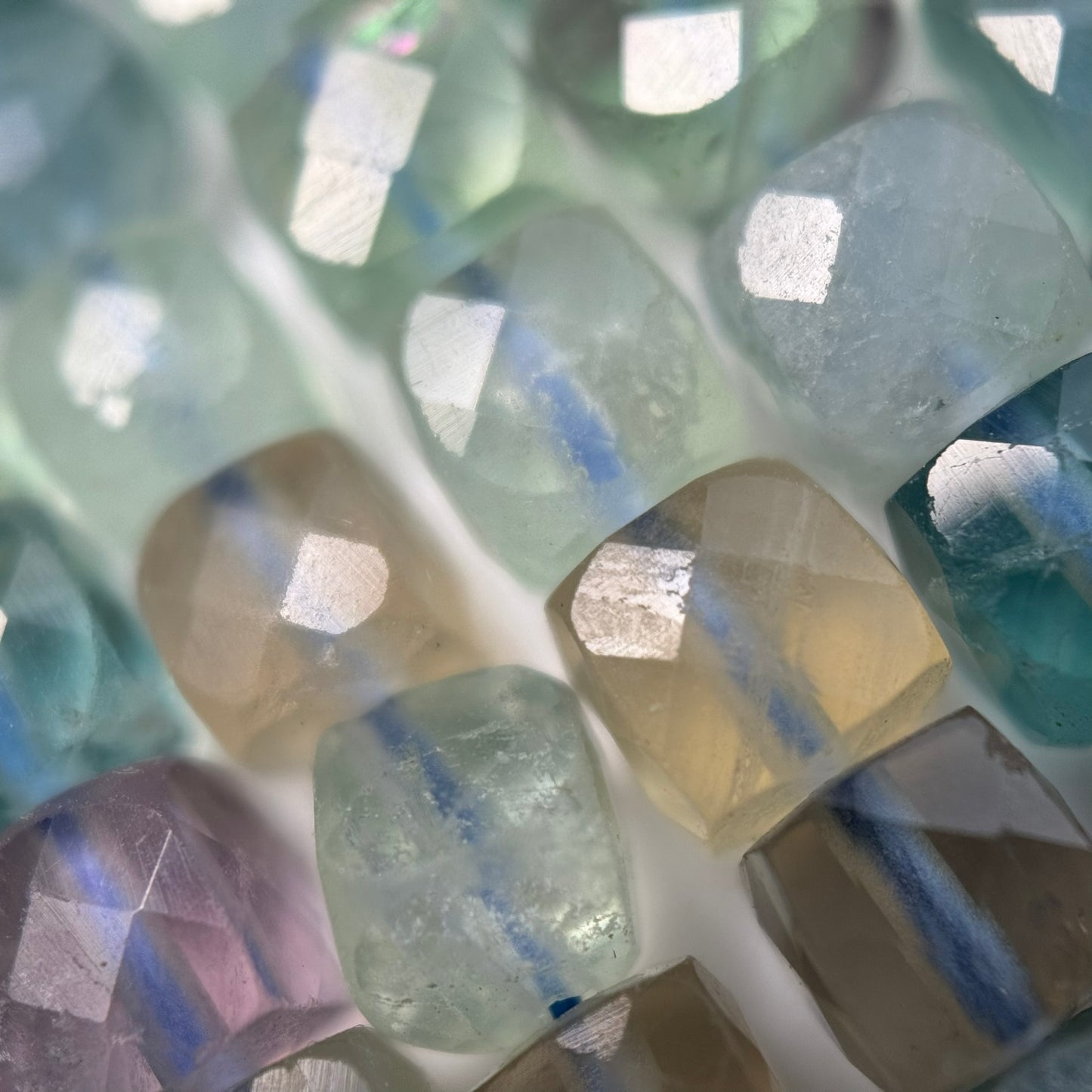 Faceted Rainbow Green Fluorite Square Beads