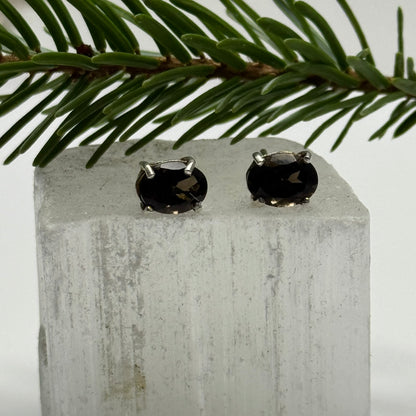 Handmade Oval Smoky Quartz Earrings in 925 Sterling Silver - Prong Set Style