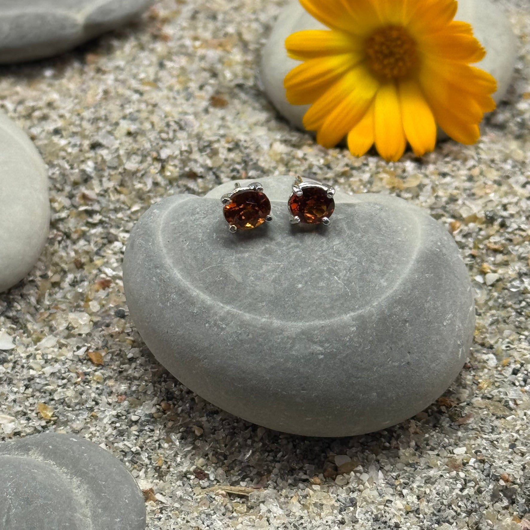 Handmade Oval Hessonite Garnet Earrings in 925 Sterling Silver - Prong Set Style