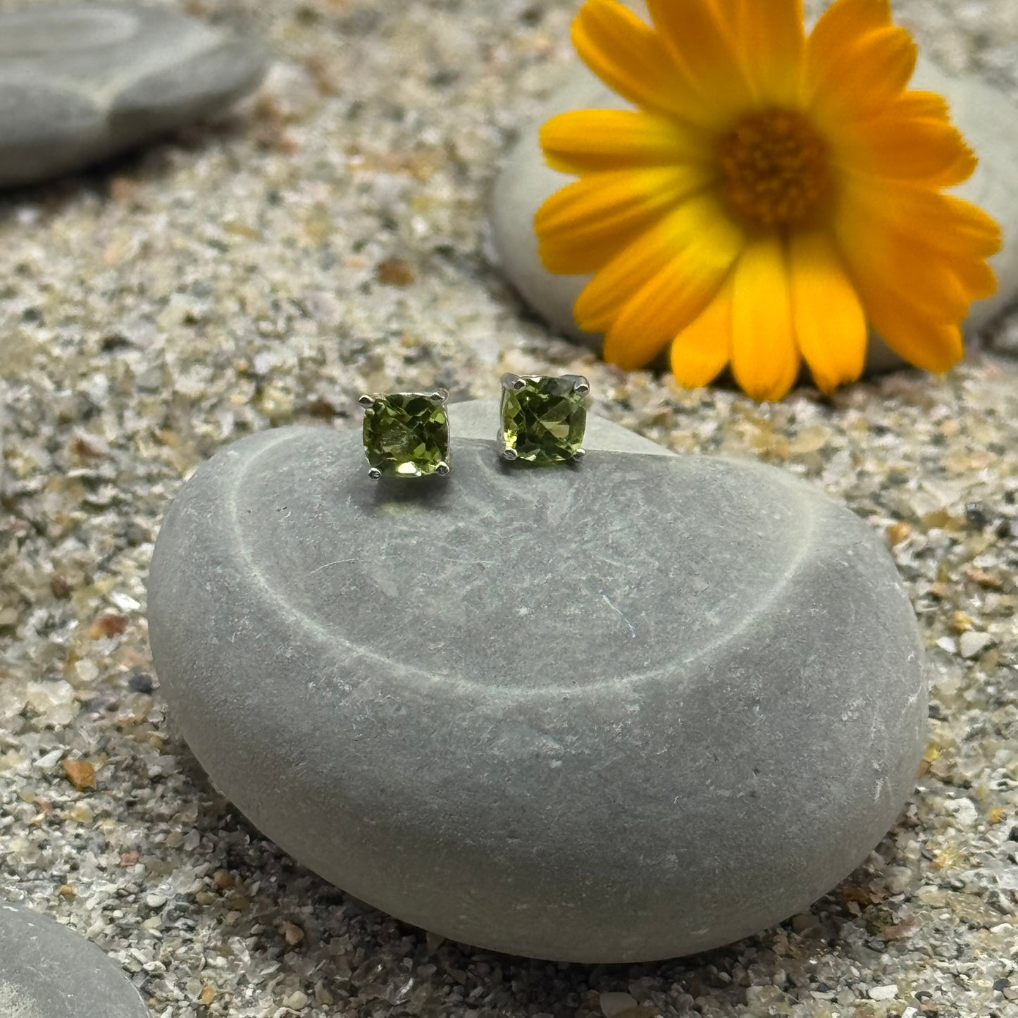 Handmade Square Peridot Earrings in 925 Sterling Silver - Prong Set Style