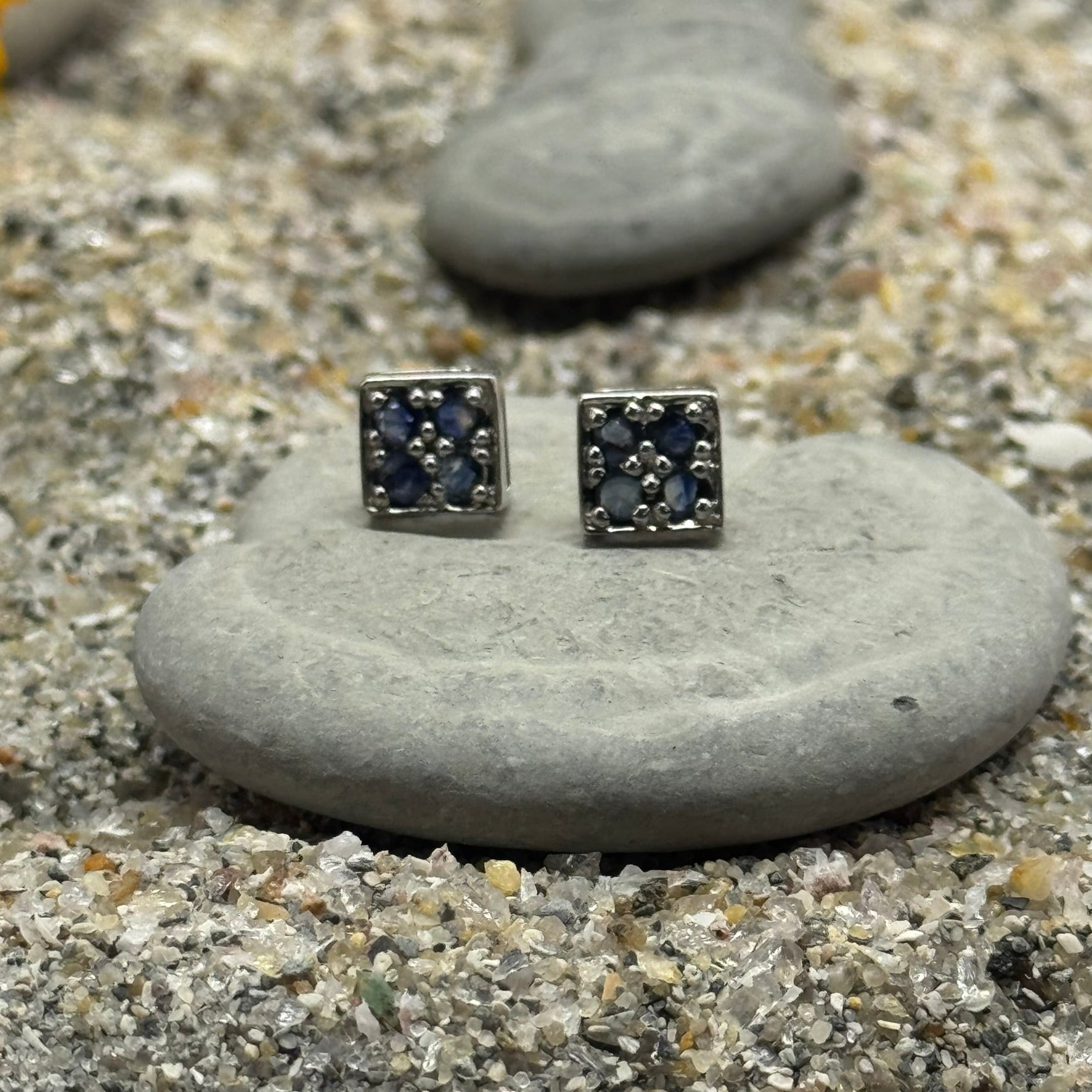 Handmade Square Sapphire Earrings in 925 Sterling Silver - Prong Set Style