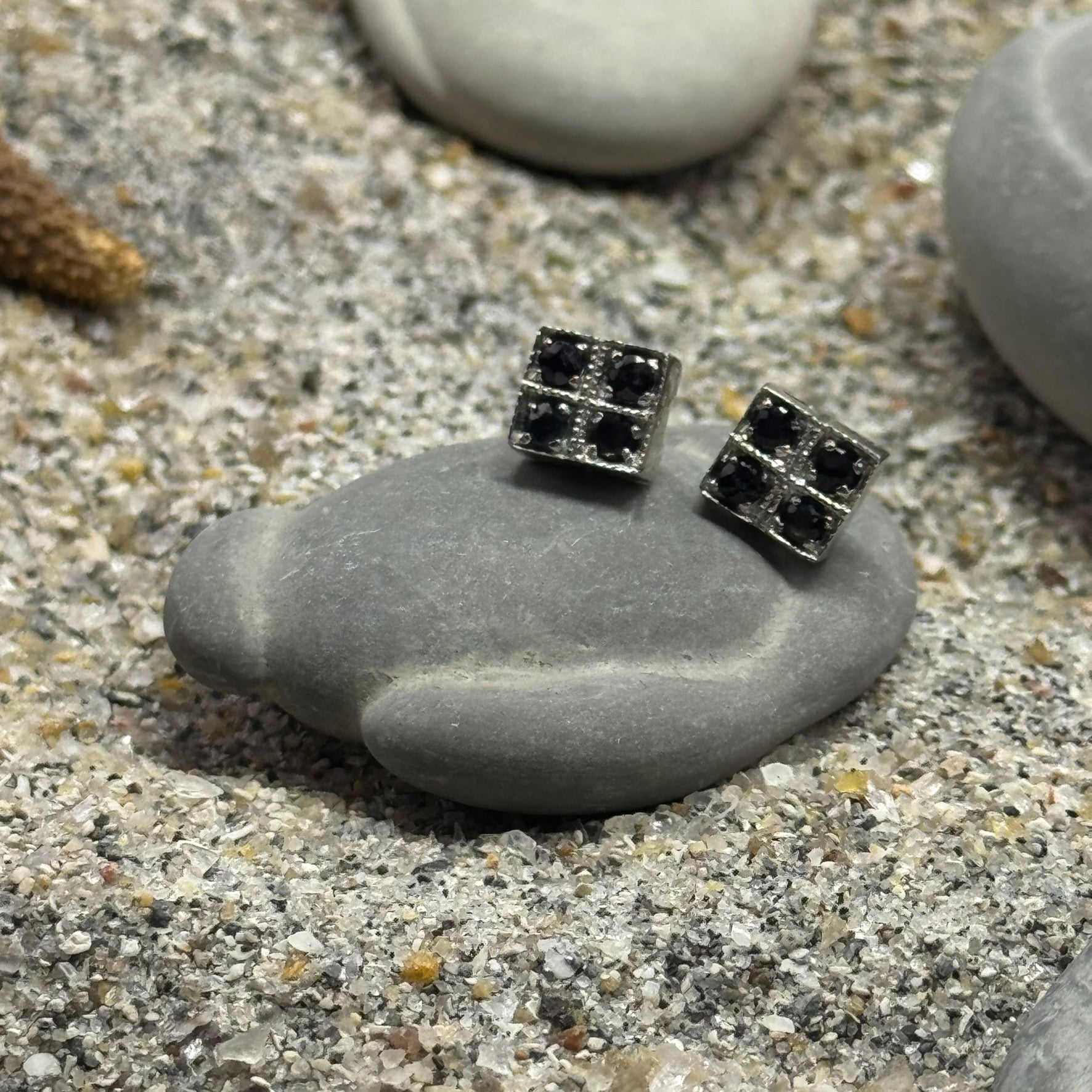 Handmade Square Sapphire Earrings in 925 Sterling Silver - Prong Set Style