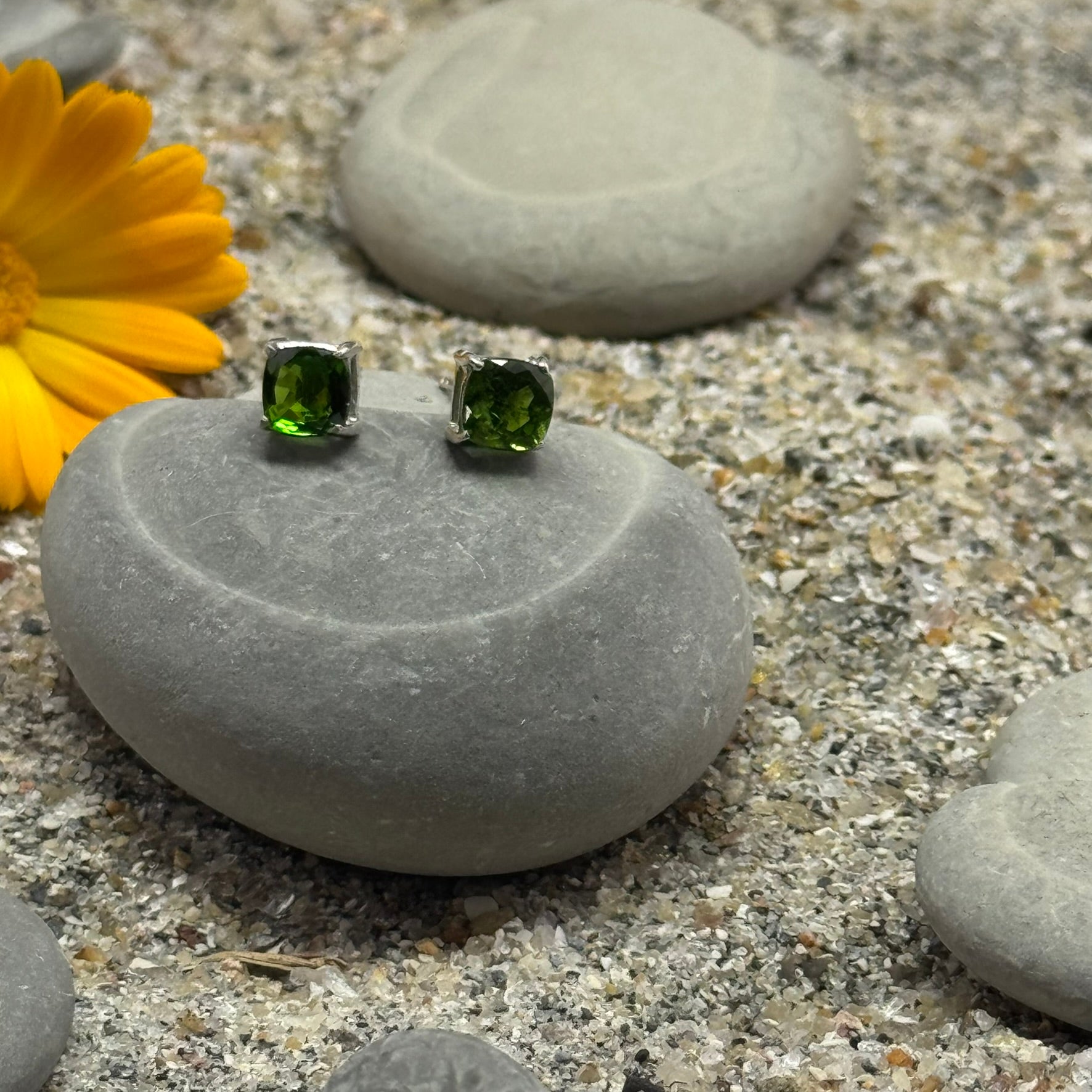Handmade Cushion Cut Diopside Earrings in 925 Sterling Silver - Prong Set Style