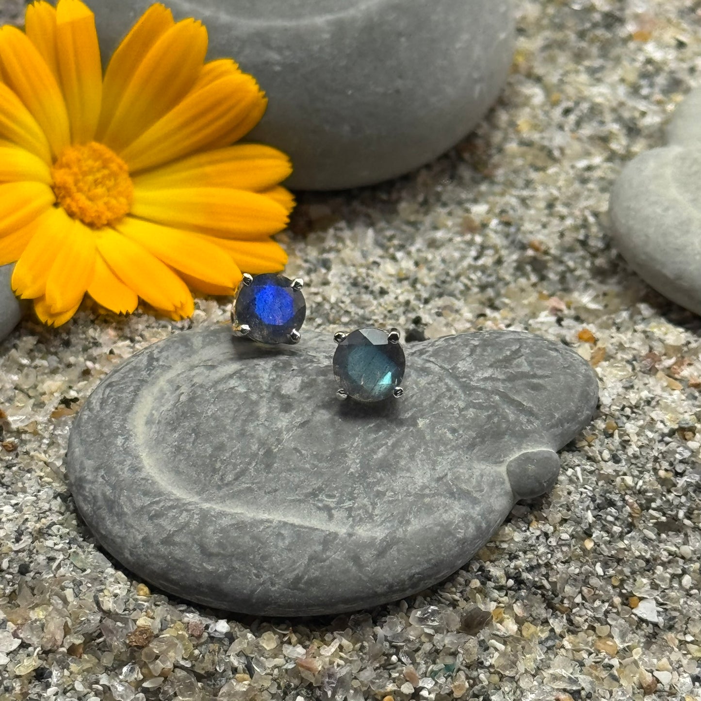 Handmade Round Labradorite Earrings in 925 Sterling Silver - Prong Set Style