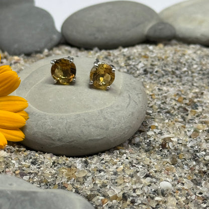Handmade Round Citrine Earrings in 925 Sterling Silver - Prong Set Style