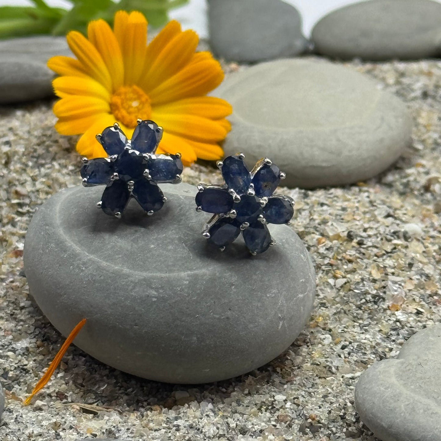 Handmade Flower Shaped Sapphire Earrings in 925 Sterling Silver - Prong Set Style