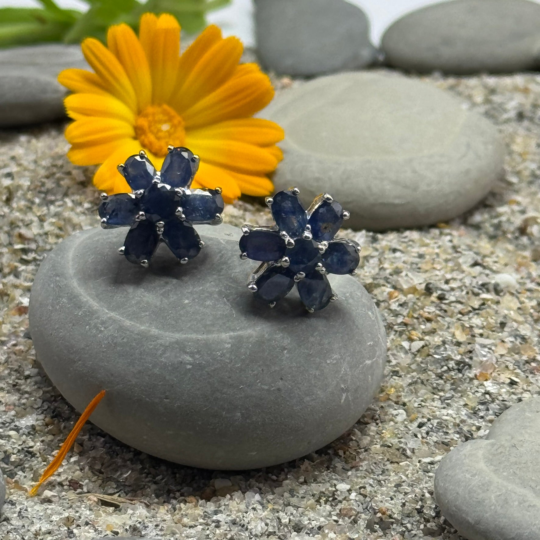 Handmade Flower Shaped Sapphire Earrings in 925 Sterling Silver - Prong Set Style