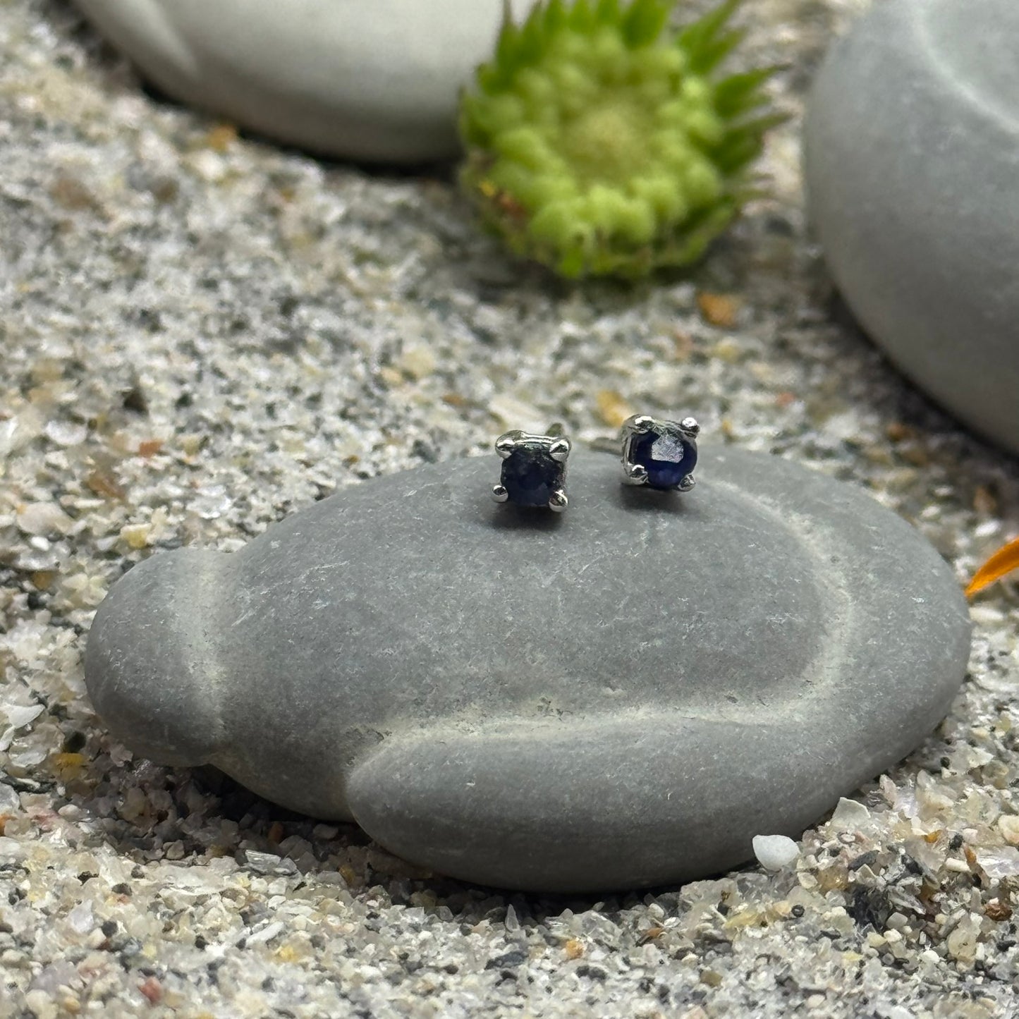 Handmade Round Sapphire Earrings in 925 Sterling Silver - Prong Set Style