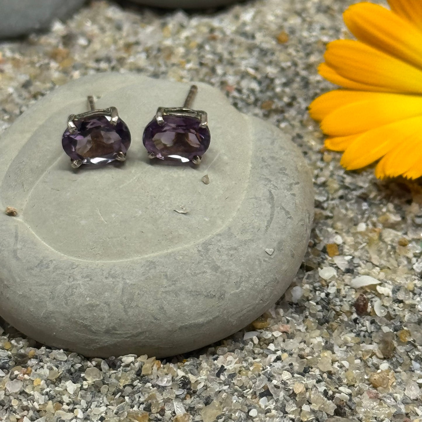 Handmade Oval Amethyst Earrings in 925 Sterling Silver - Prong Set Style
