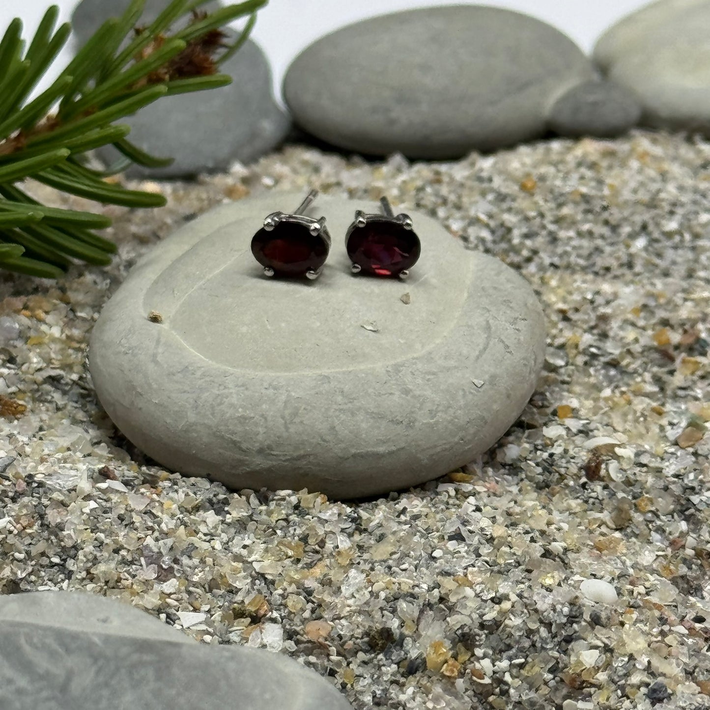 Handmade Oval Garnet Earrings in 925 Sterling Silver - Prong Set Style