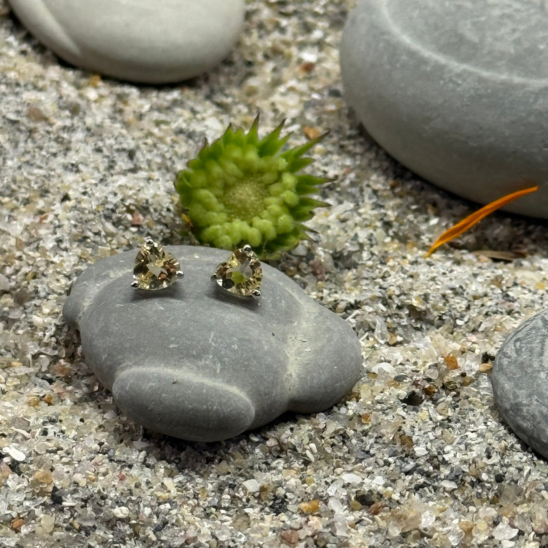 Handmade Heart Shaped Triangle Citrine Earrings in 925 Sterling Silver - Prong Set Style