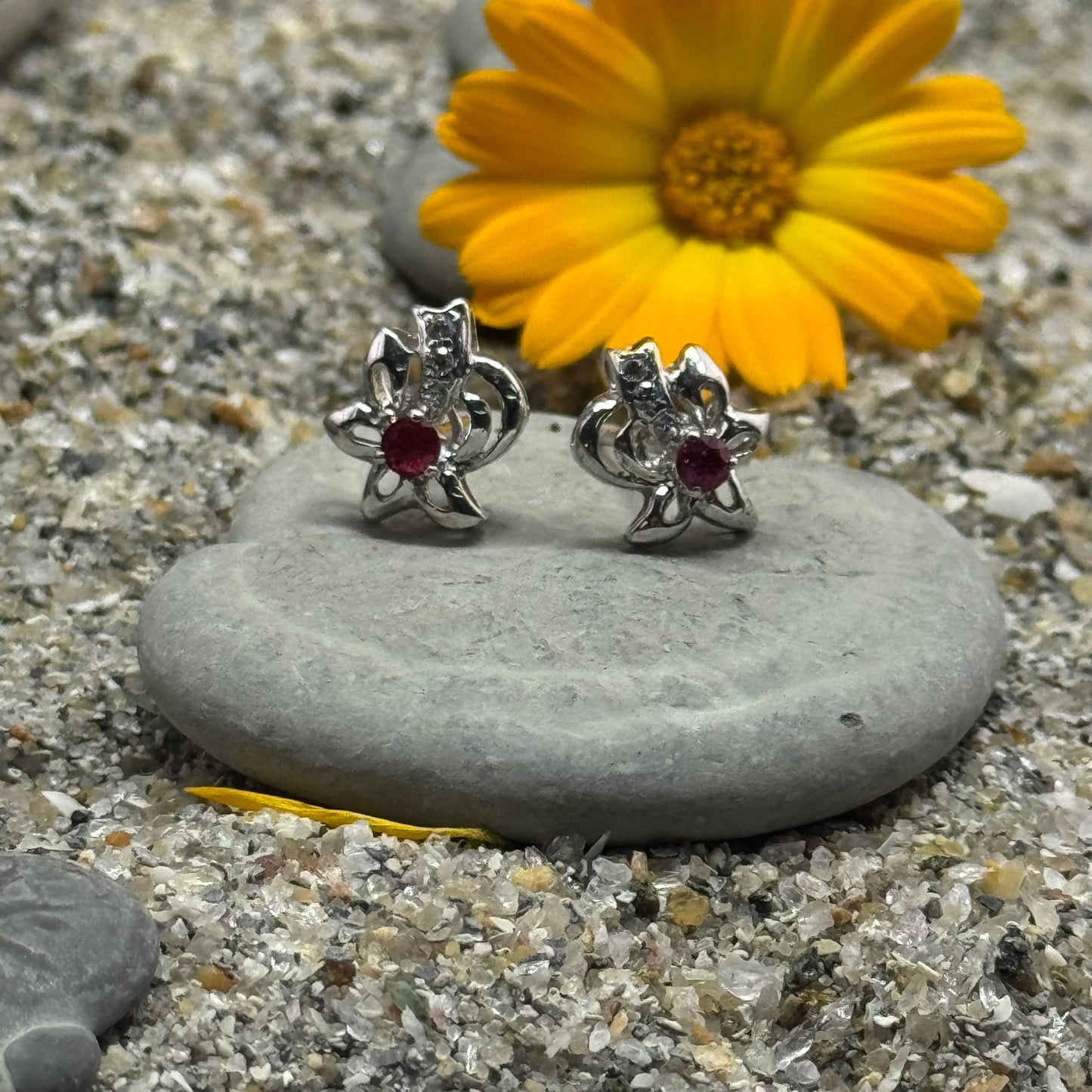 Handmade Flower Shaped Ruby Earrings in 925 Sterling Silver - Prong Set Style