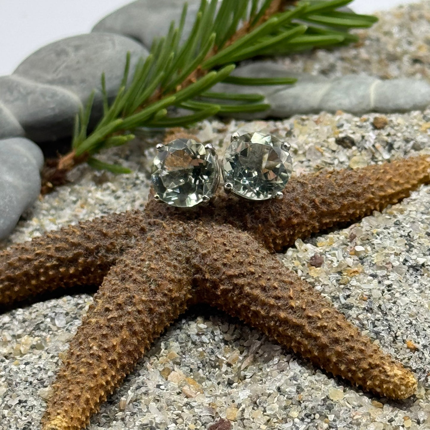 Handmade Round Presiolite Earrings in 925 Sterling Silver - Prong Set Style