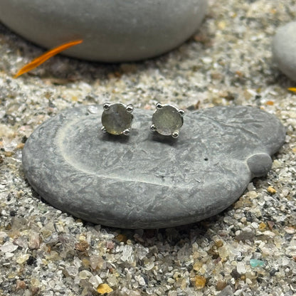 Handmade Round Labradorite Earrings in 925 Sterling Silver - Prong Set Style