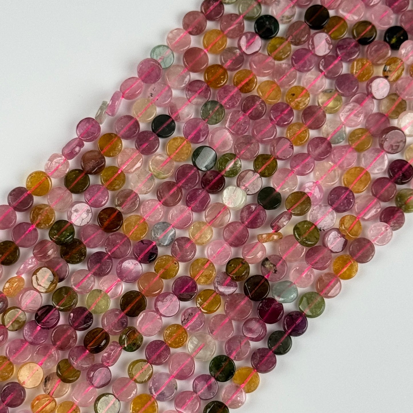 Tourmaline Multicolor Round Flat Gemstone Beads - (A Quality)