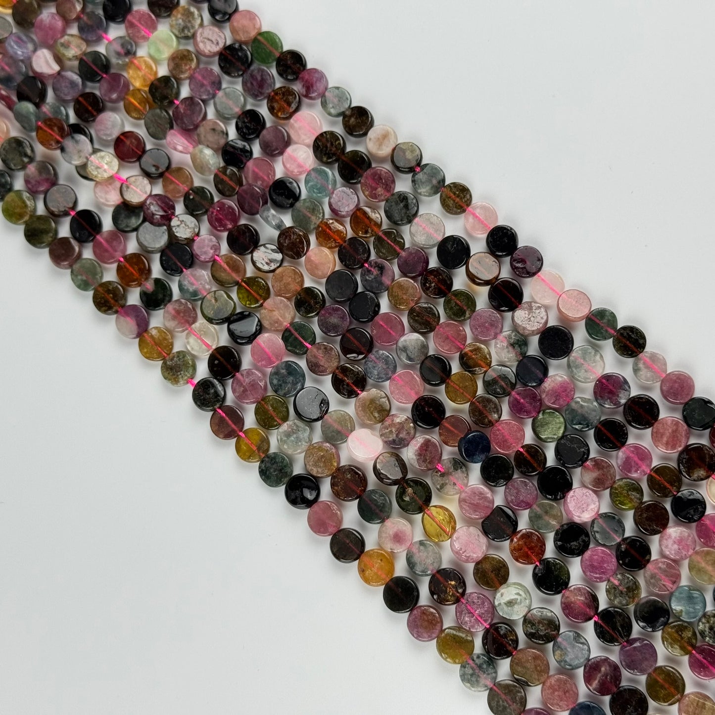 Tourmaline Multicolor Round Flat Gemstone Beads - (A Quality)
