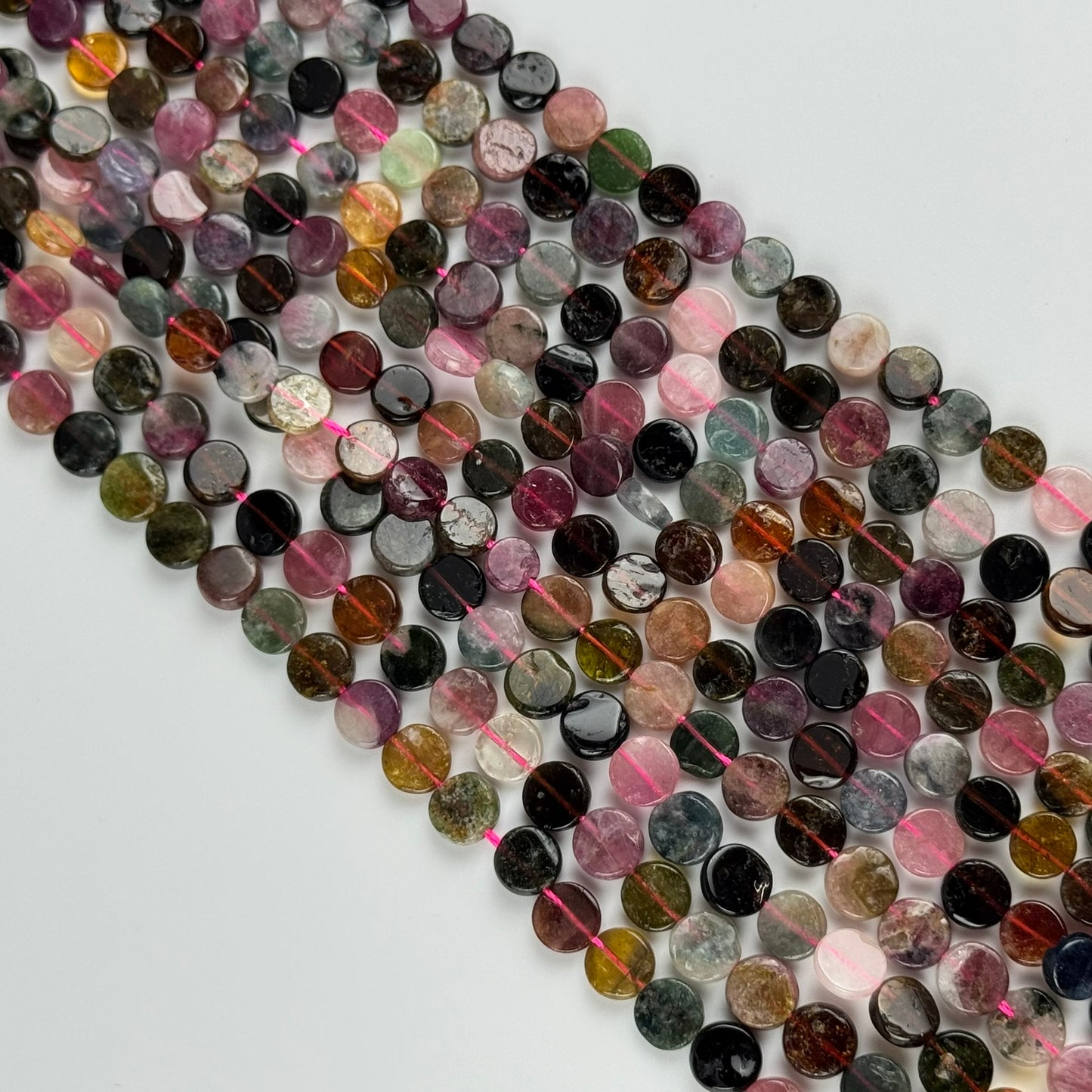 Tourmaline Multicolor Round Flat Gemstone Beads - (A Quality)