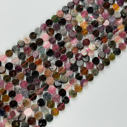 Tourmaline Multicolor Round Flat Gemstone Beads - (A Quality)