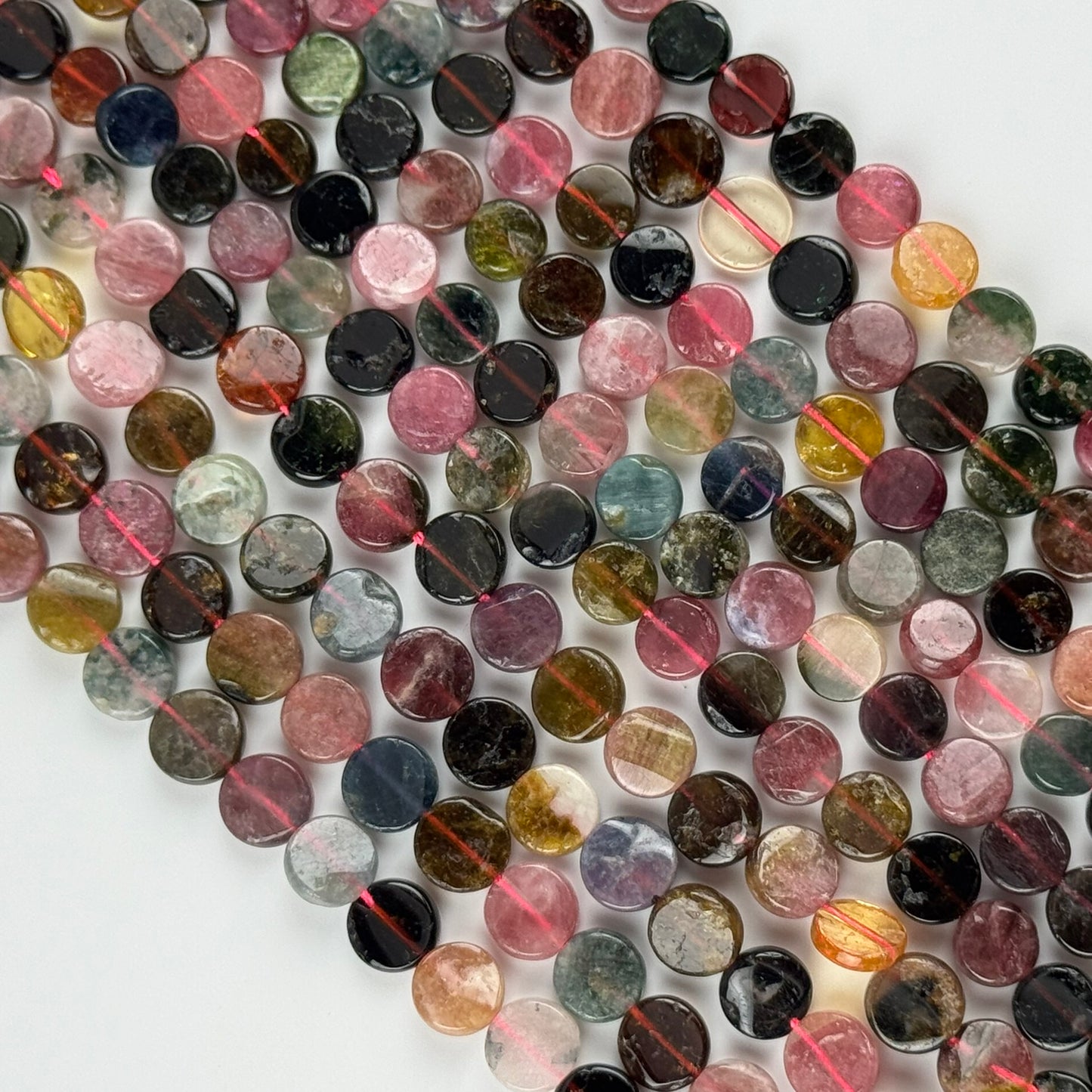 Tourmaline Multicolor Round Flat Gemstone Beads - (A Quality)