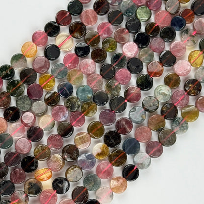 Tourmaline Multicolor Round Flat Gemstone Beads - (A Quality)