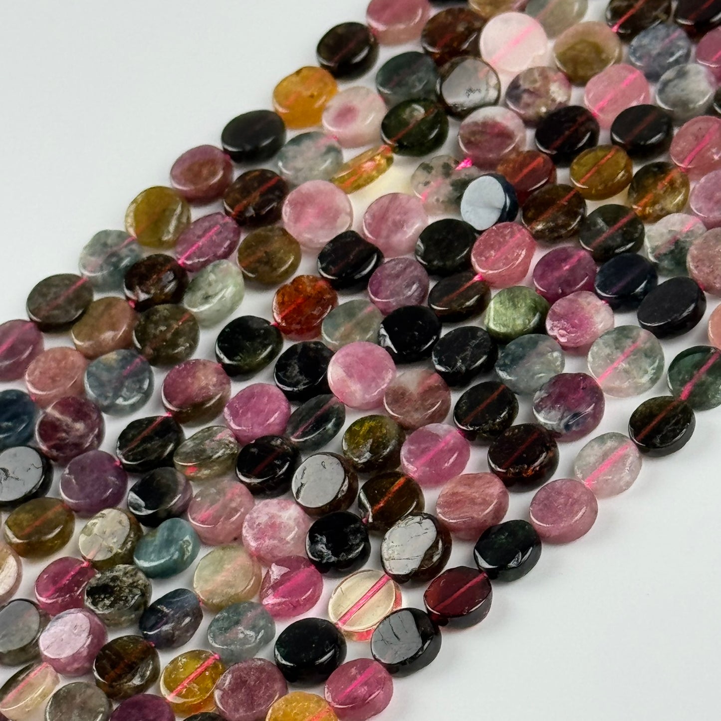Tourmaline Multicolor Round Flat Gemstone Beads - (A Quality)