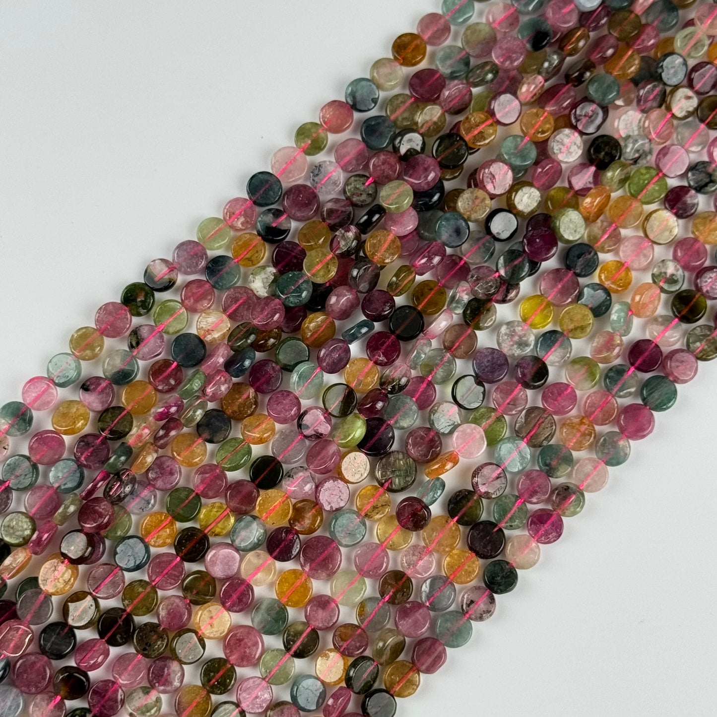 Tourmaline Multicolor Round Flat Gemstone Beads - (A Quality)