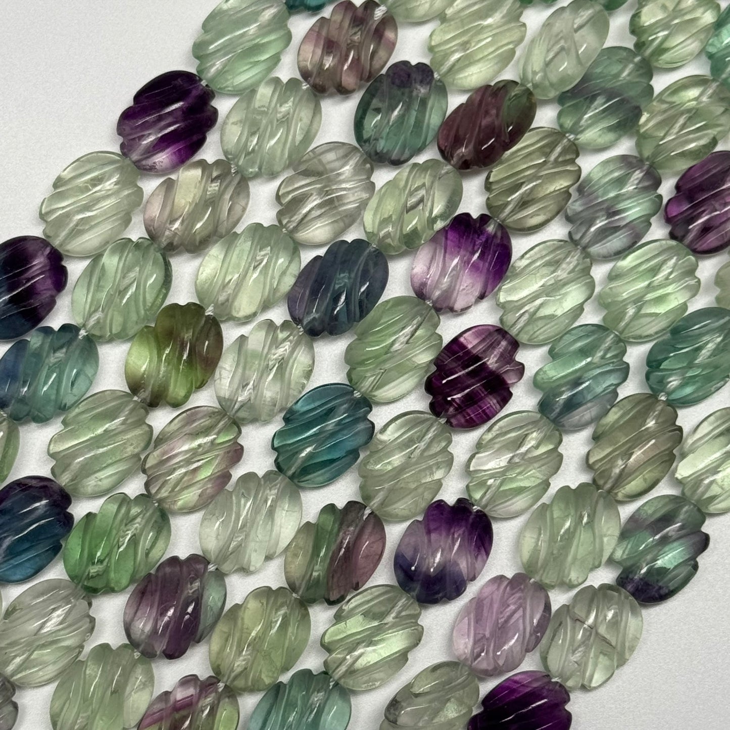 Twisted Carved Oval Shape Rainbow Fluorite Gemstone Beads