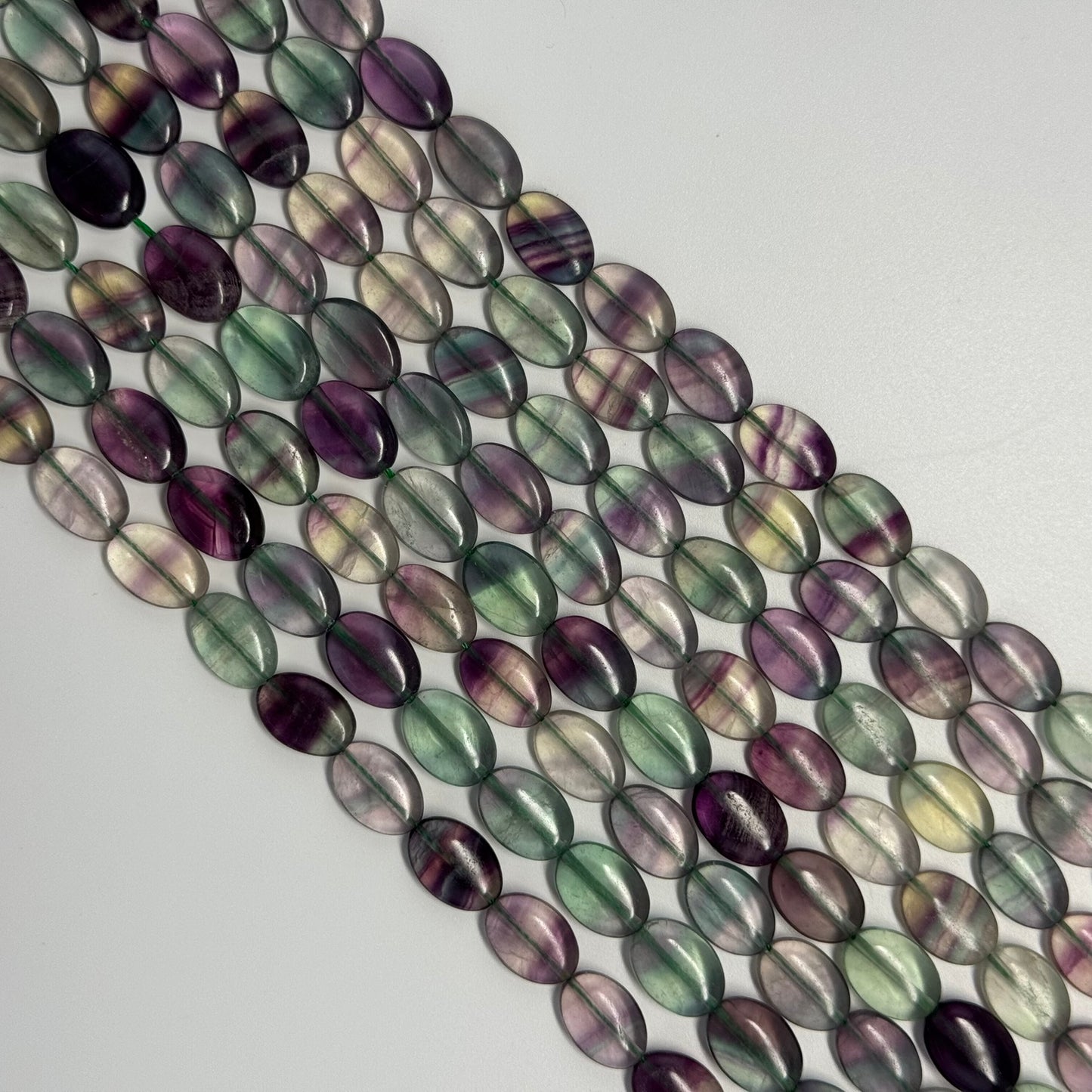 Rainbow Fluorite Polished Oval Gemsotne Beads - Green Based