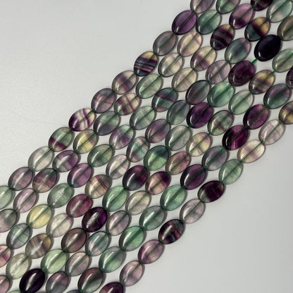Rainbow Fluorite Polished Oval Gemstone Beads - Green Base