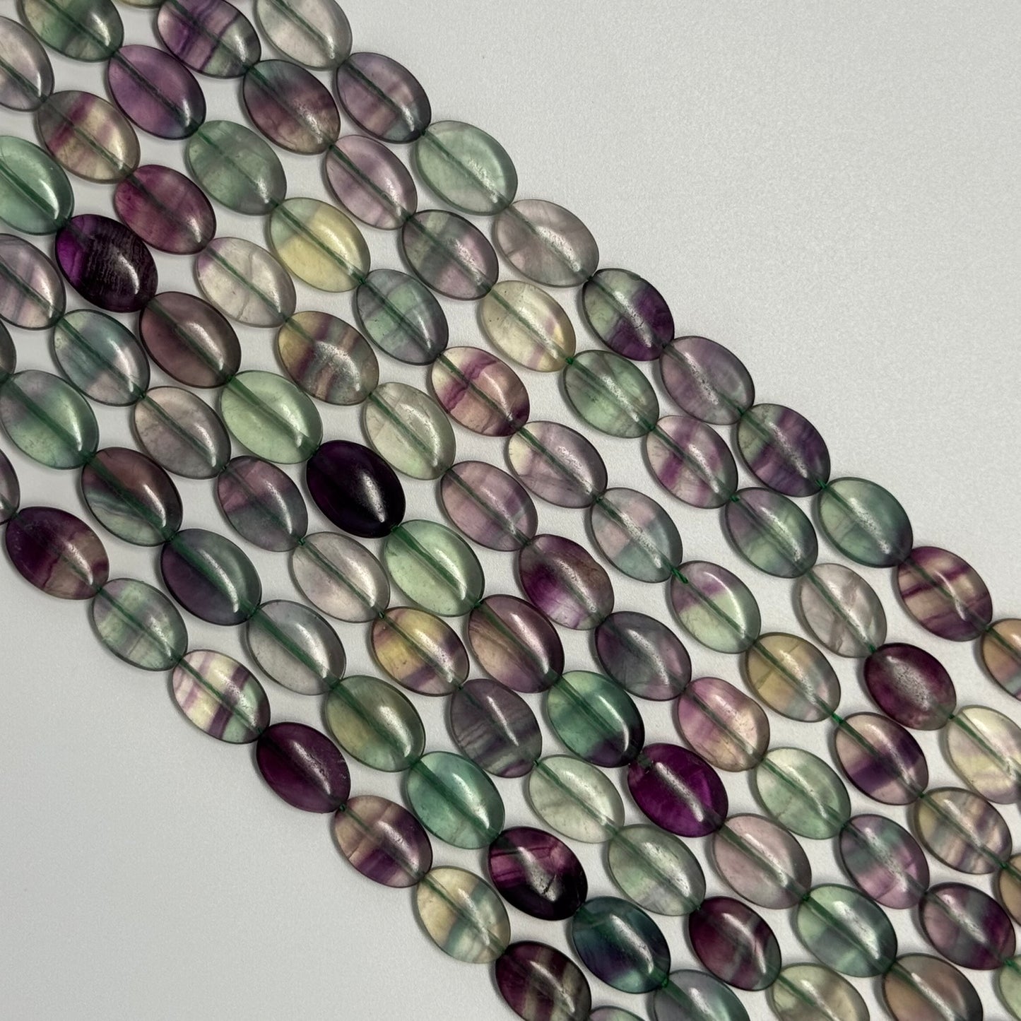 Rainbow Fluorite Polished Oval Gemsotne Beads - Green Based