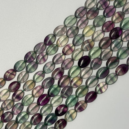 Rainbow Fluorite Polished Oval Gemstone Beads - Green Base