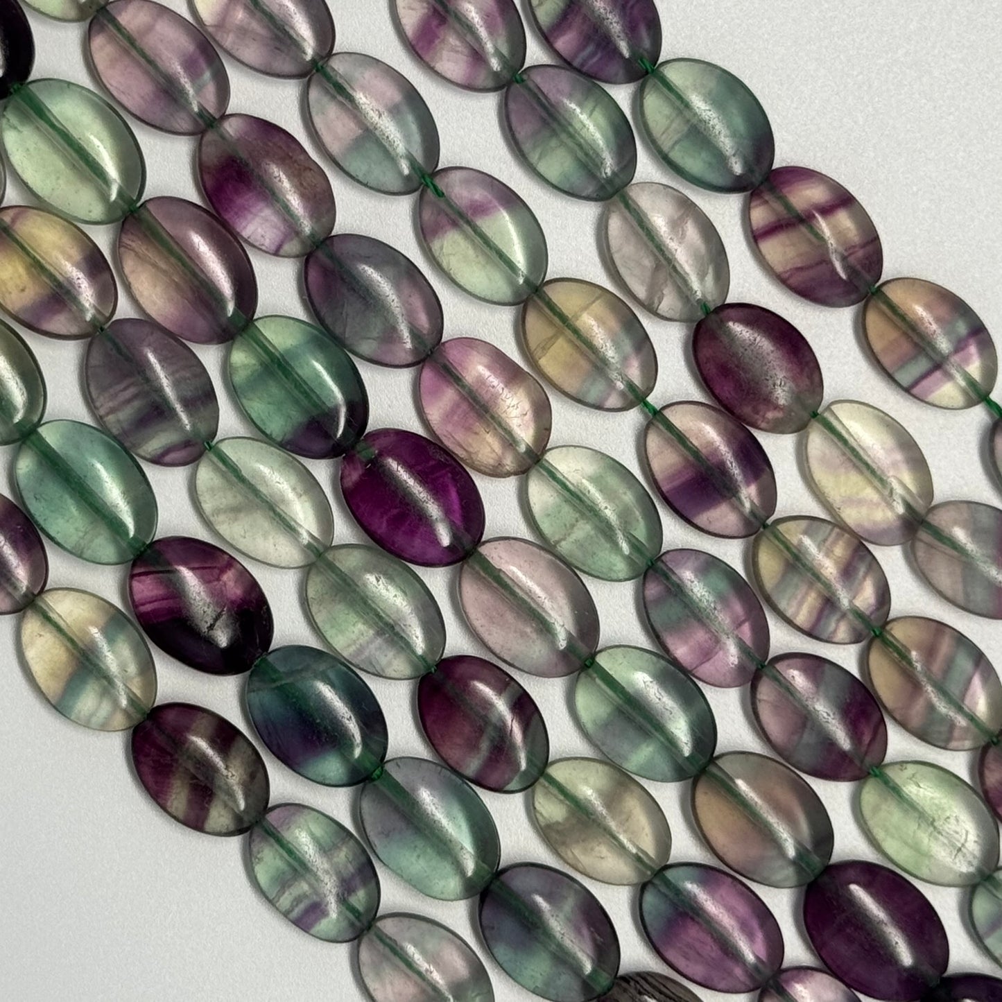 Rainbow Fluorite Polished Oval Gemsotne Beads - Green Based
