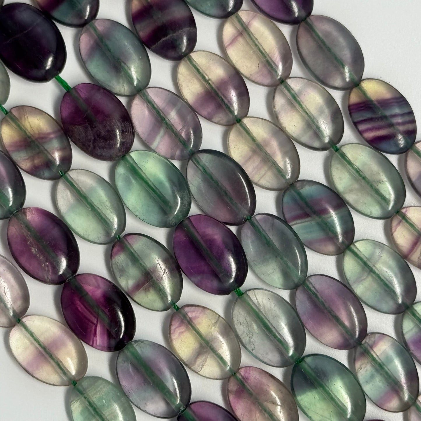 Rainbow Fluorite Polished Oval Gemsotne Beads - Green Based