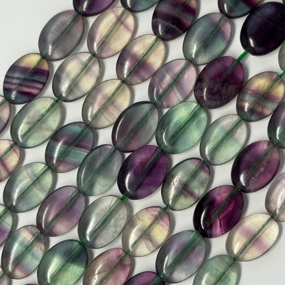Rainbow Fluorite Polished Oval Gemstone Beads - Green Base