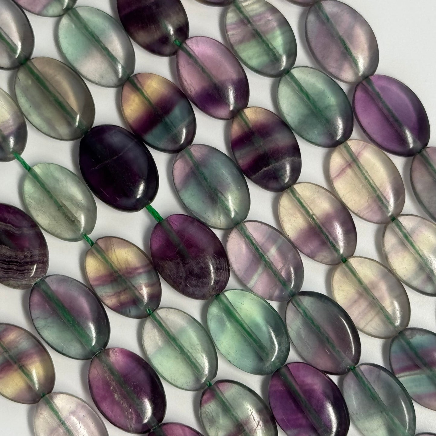 Rainbow Fluorite Polished Oval Gemsotne Beads - Green Based
