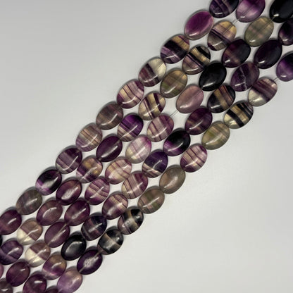 Rainbow Fluorite Polished Oval Gemstone Beads - Purple Base