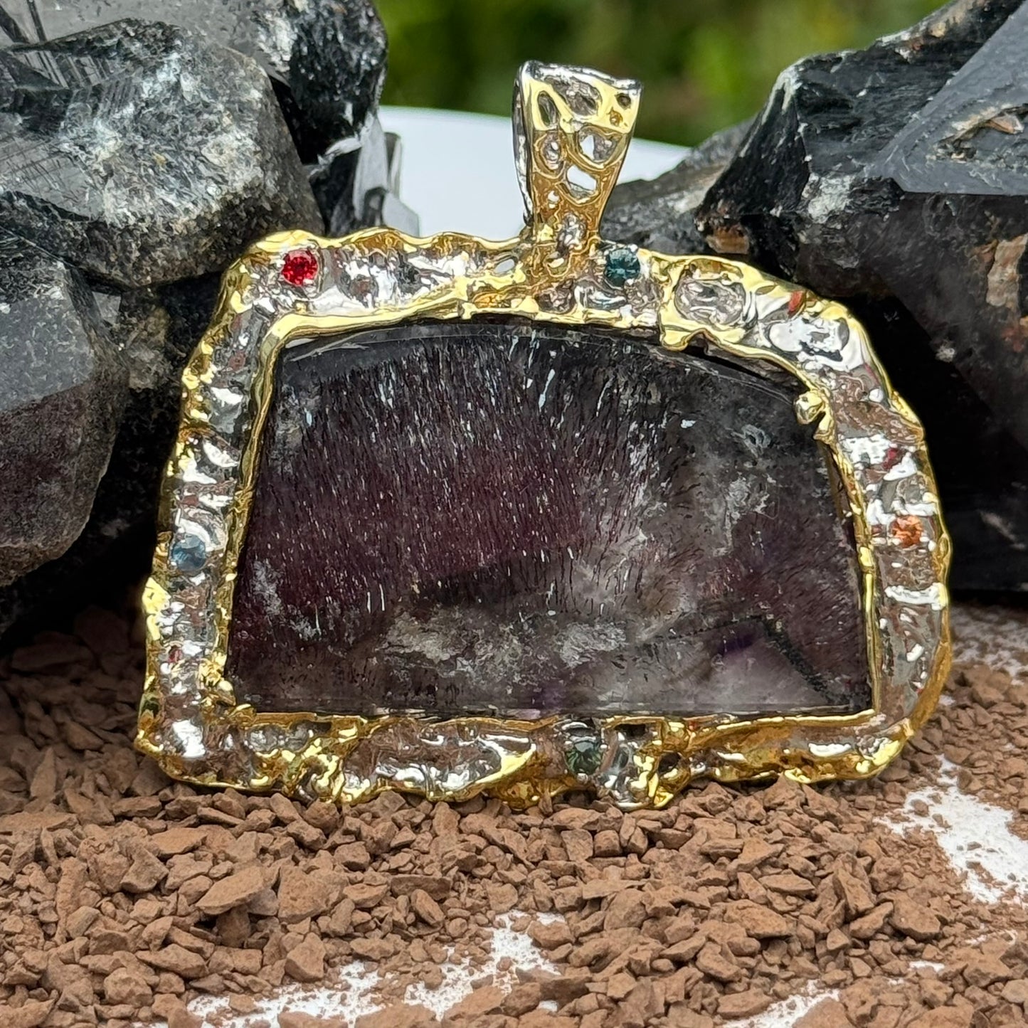 Sacred Seven Freeform Pendant with Multicolor Sapphire – Artistic 18k Yellow Gold Plating Natural Gemstone Jewelry in 925 Sterling Silver