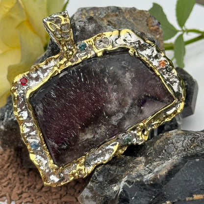 Sacred Seven Freeform Pendant with Multicolor Sapphire – Artistic 18k Yellow Gold Plating Natural Gemstone Jewelry in 925 Sterling Silver
