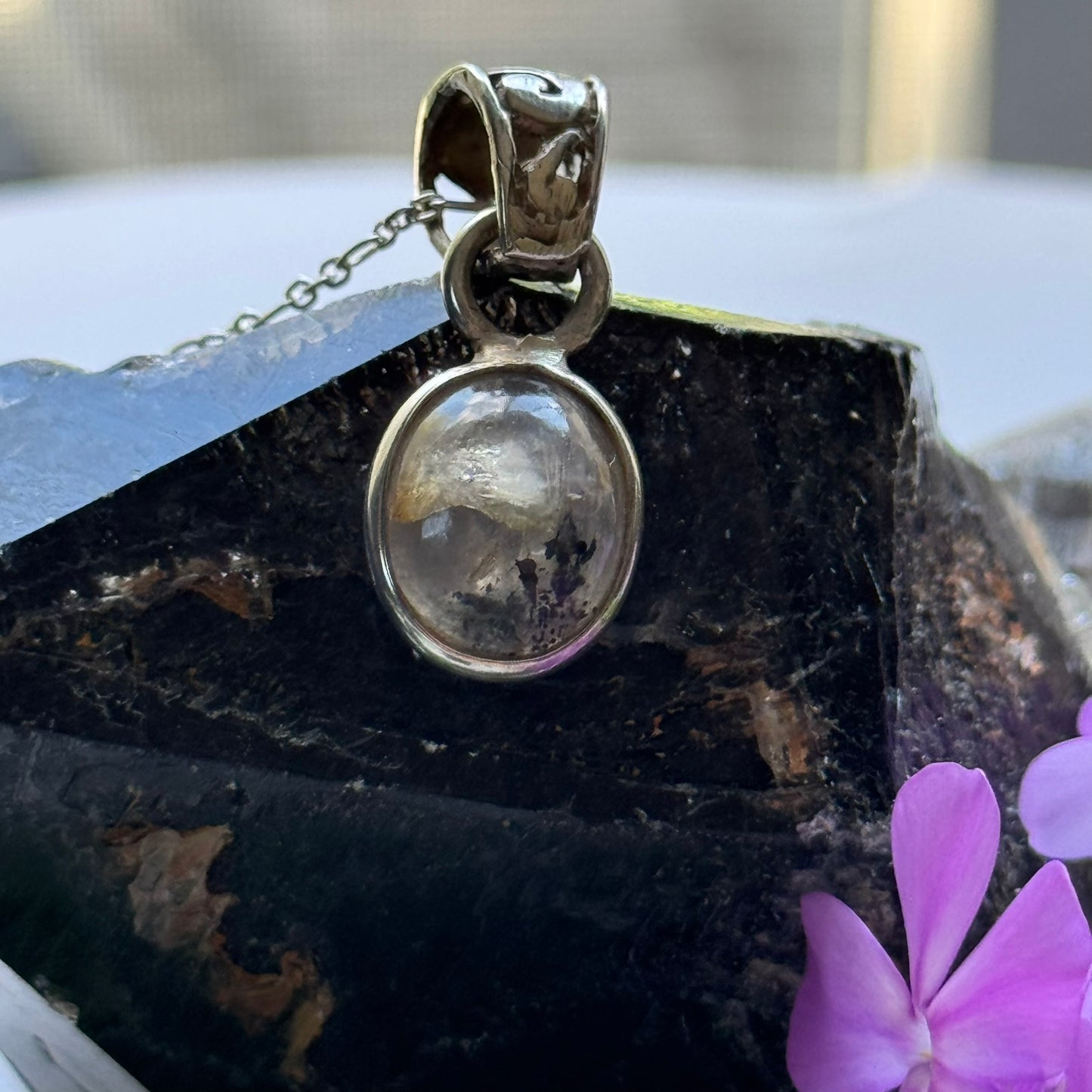 Sacred Seven Oval Pendant – Polished Natural Crystal Talisman in 925 Sterling Silver