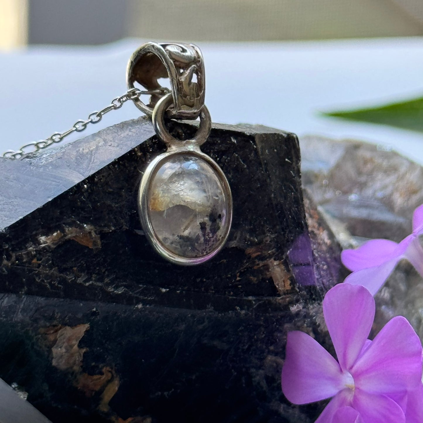 Sacred Seven Oval Pendant – Polished Natural Crystal Talisman in 925 Sterling Silver
