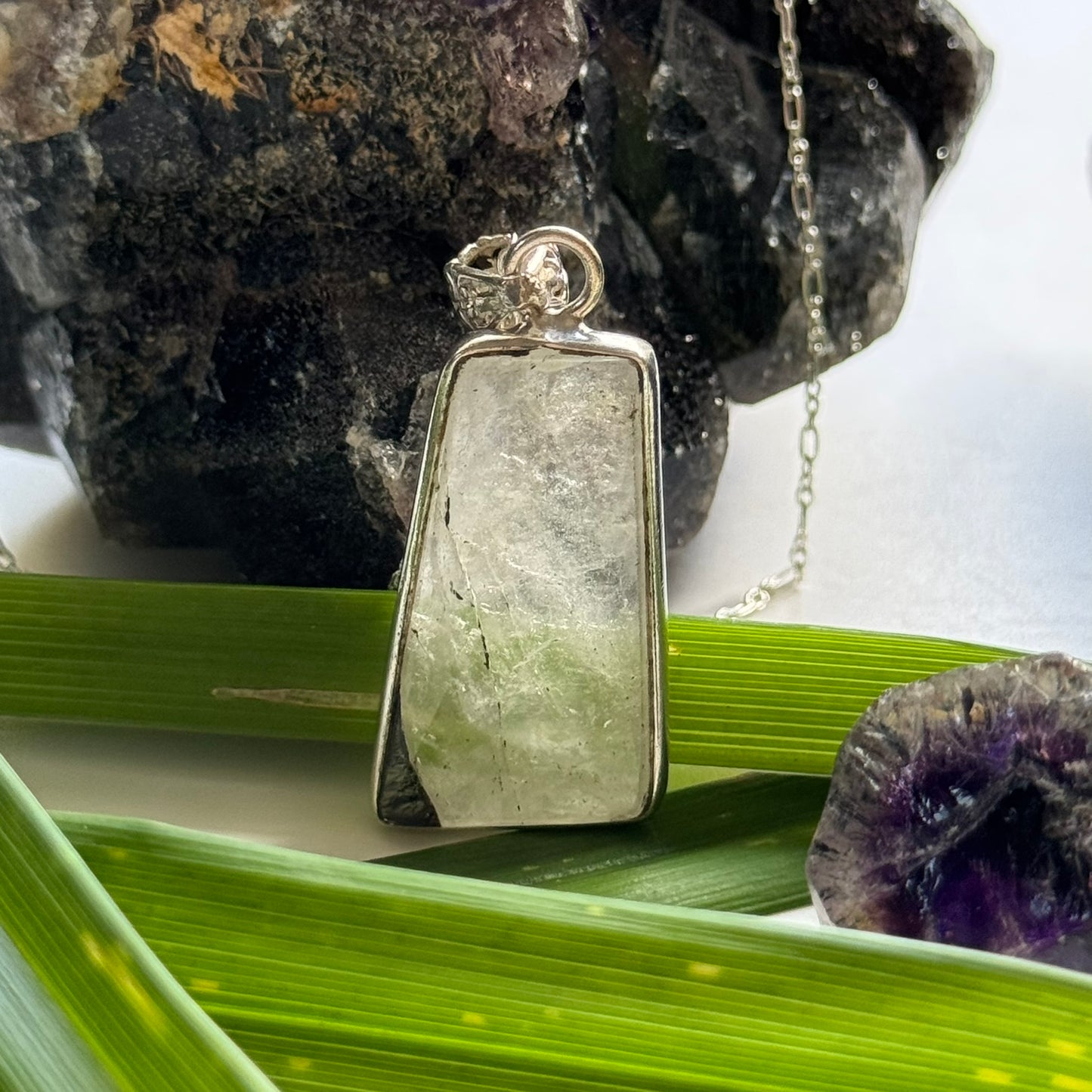 Sacred Seven Trapezoid Pendant – Clear Natural Crystal Necklace in 925 Sterling Silver