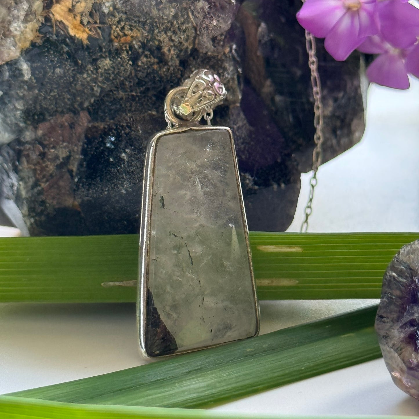 Sacred Seven Trapezoid Pendant – Clear Natural Crystal Necklace in 925 Sterling Silver