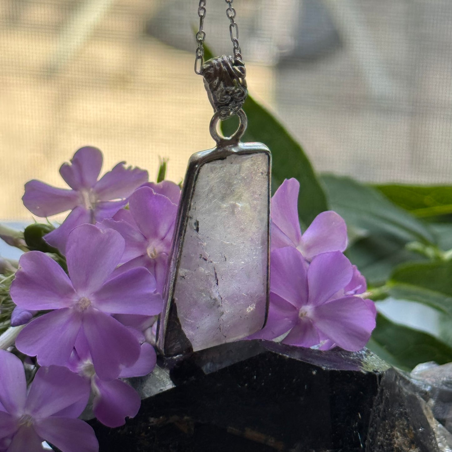 Sacred Seven Trapezoid Pendant – Clear Natural Crystal Necklace in 925 Sterling Silver