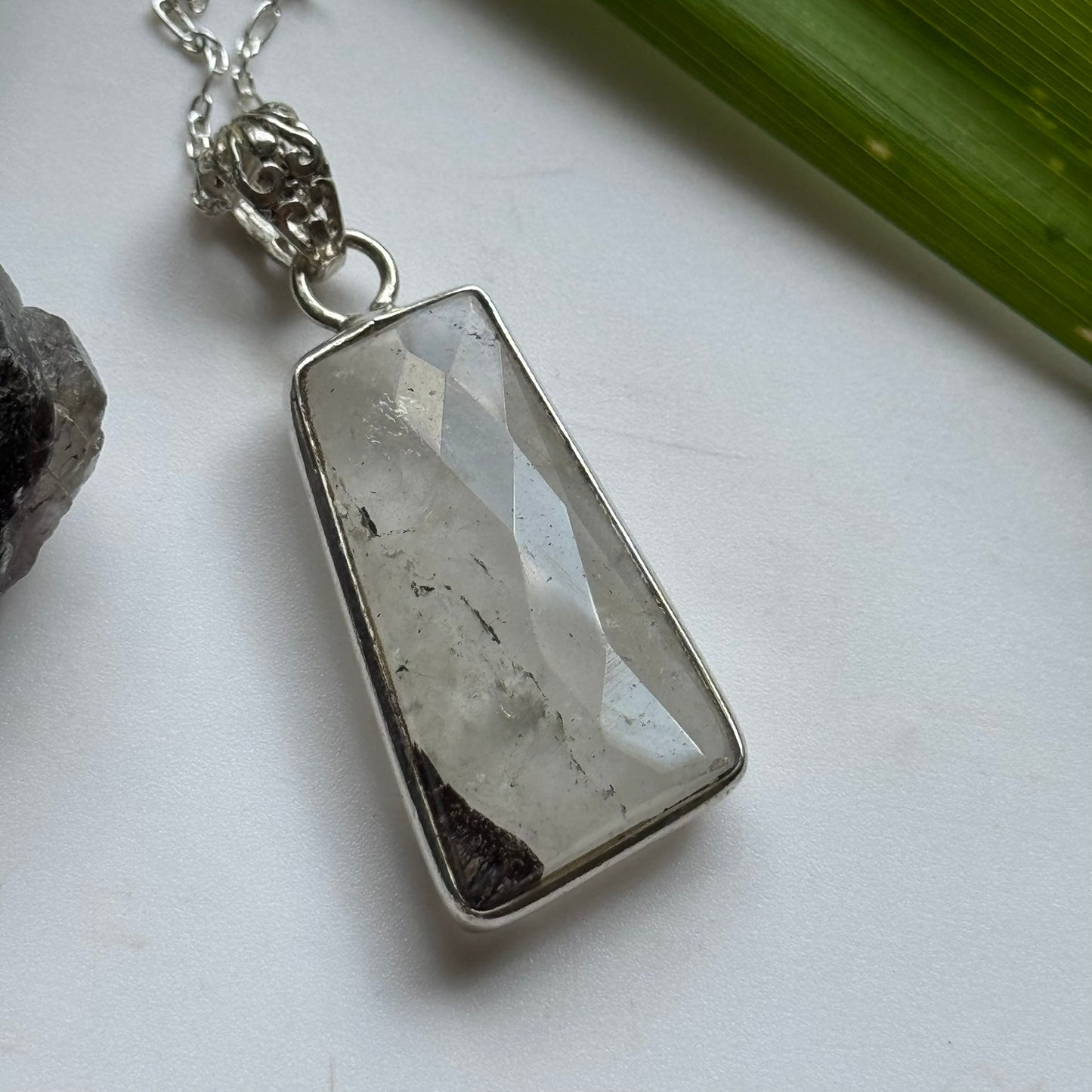 Sacred Seven Trapezoid Pendant – Clear Natural Crystal Necklace in 925 Sterling Silver