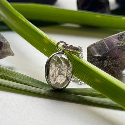 Sacred Seven Oval Pendant Necklace – Checkerboard Faceted Natural Inclusion Crystal in 925 Sterling Silver