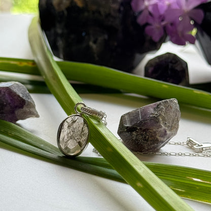 Sacred Seven Oval Pendant Necklace – Checkerboard Faceted Natural Inclusion Crystal in 925 Sterling Silver