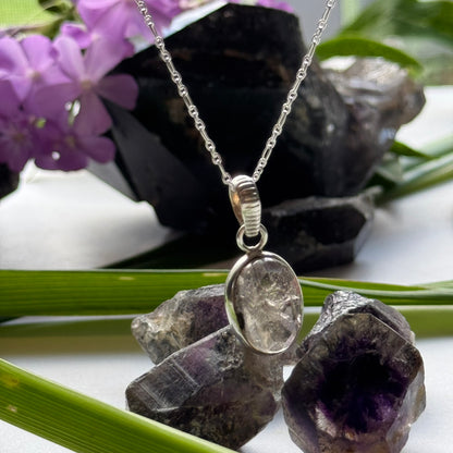 Sacred Seven Oval Pendant Necklace – Checkerboard Faceted Natural Inclusion Crystal in 925 Sterling Silver