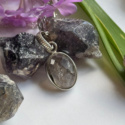 Sacred Seven Oval Pendant Necklace – Checkerboard Faceted Natural Inclusion Crystal in 925 Sterling Silver