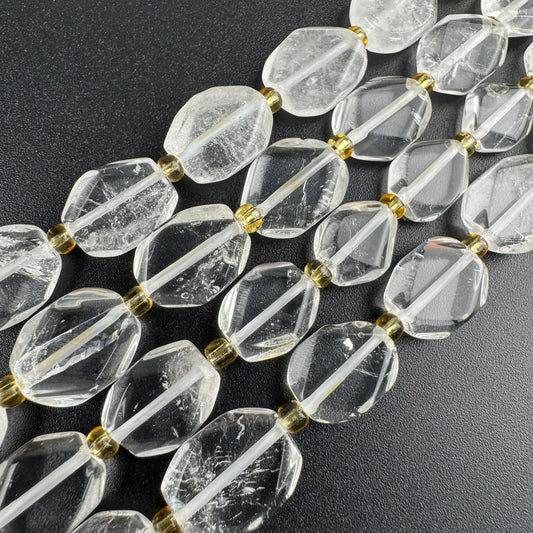 Natural Clear Quartz Flat Diamond-Cut Faceted Beads