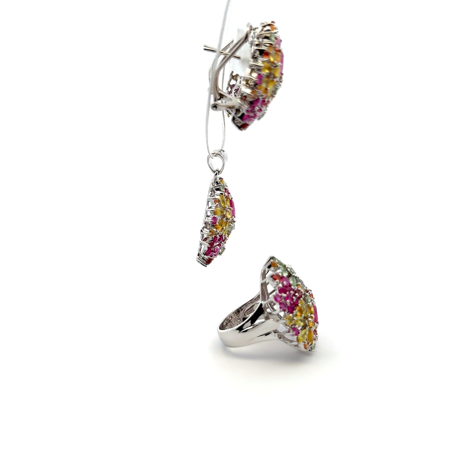Ruby & Sapphire Jewelry Set – Handmade Natural Ruby & Sapphire Earrings, Pendant & Ring in 925 Sterling Silver, Rhodium Plated (Each Piece Also Sold Separately)
